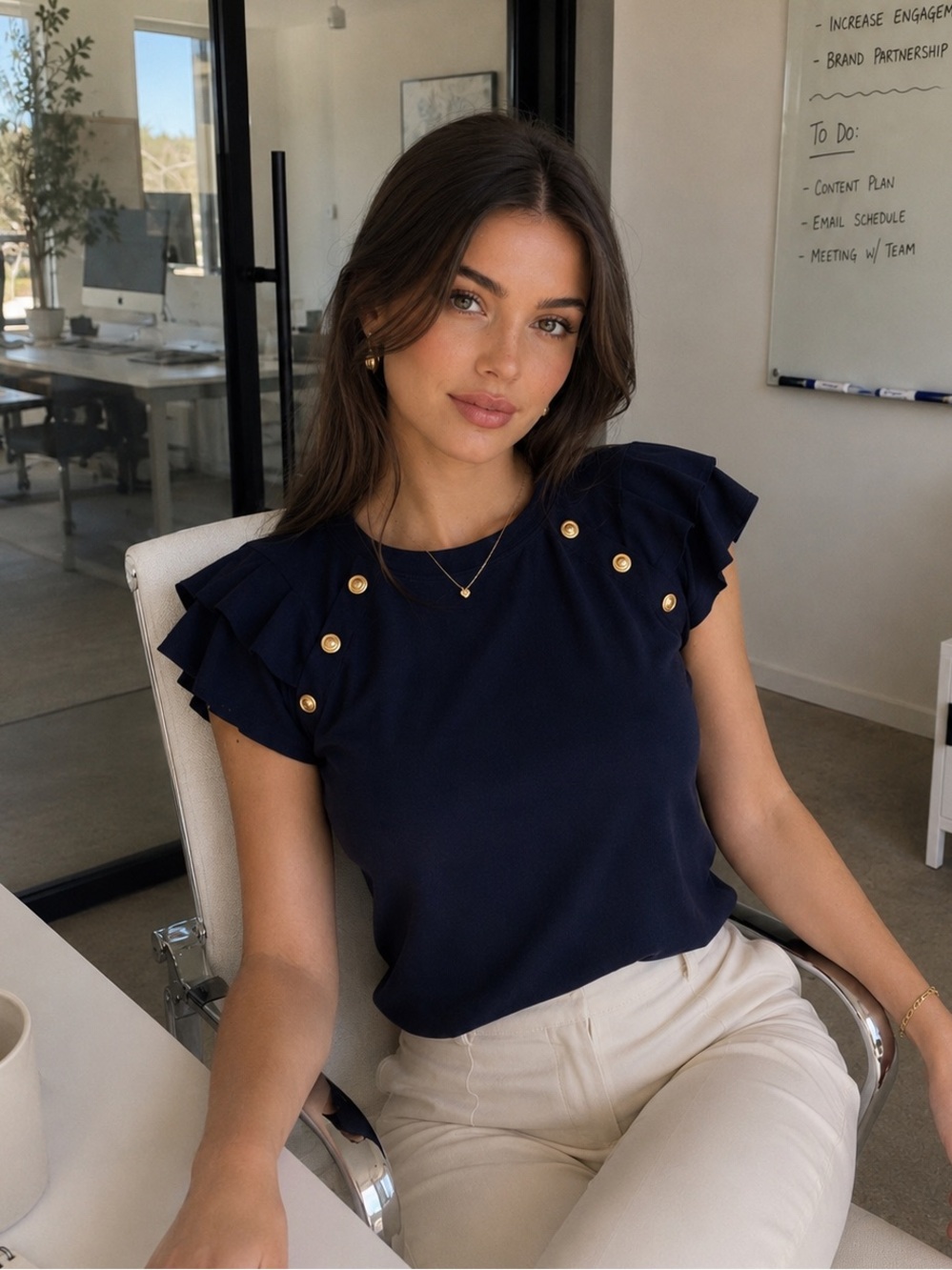 Women’s Office Love Scarlet Classic Navy Dark Blue Blouse Top with Gold Buttons